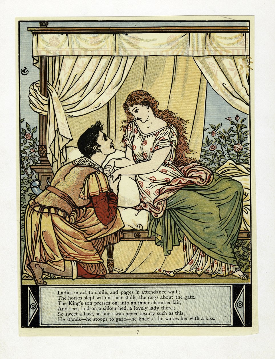 Prinssi herättää kauneuden, The Blue Beard Picture Book -pubista. 1879 (väri litho) tekijältä Walter Crane
