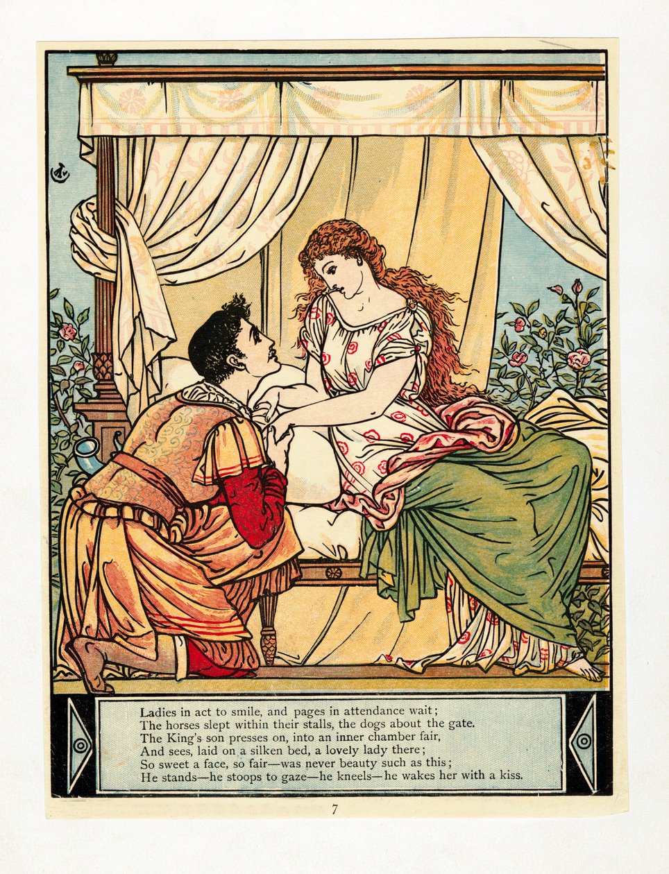 Prinssi herättää kauneuden, The Blue Beard Picture Book -pubista. 1879 värilitografia, 1879. tekijältä Walter Crane