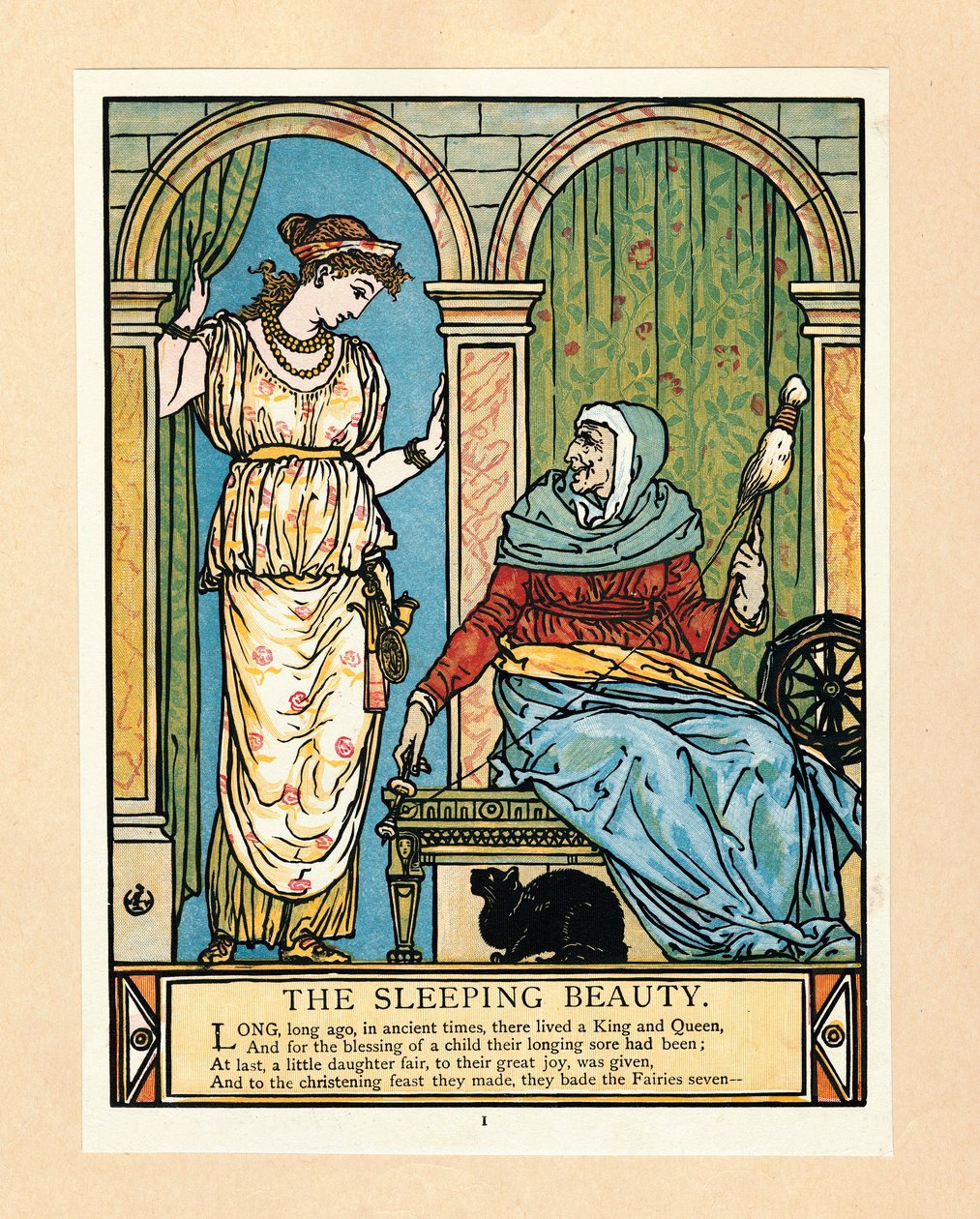 Prinsessa oppii pyörimään, The Blue Beard Picture Book -pubista. 1879 värilitografia, 1879. tekijältä Walter Crane