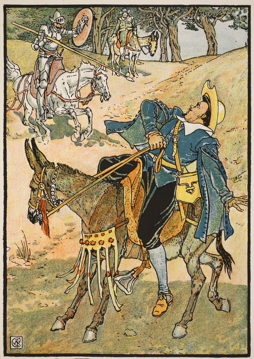 Mambrinon kypärän rikas voitto, kuva "Don Quijote of the Mancha" -kirjoituksesta, jonka tuomari Parry on uudelleen kertonut, pub. Blackie und Son Ltd, Lontoo, 1900 tekijältä Walter Crane