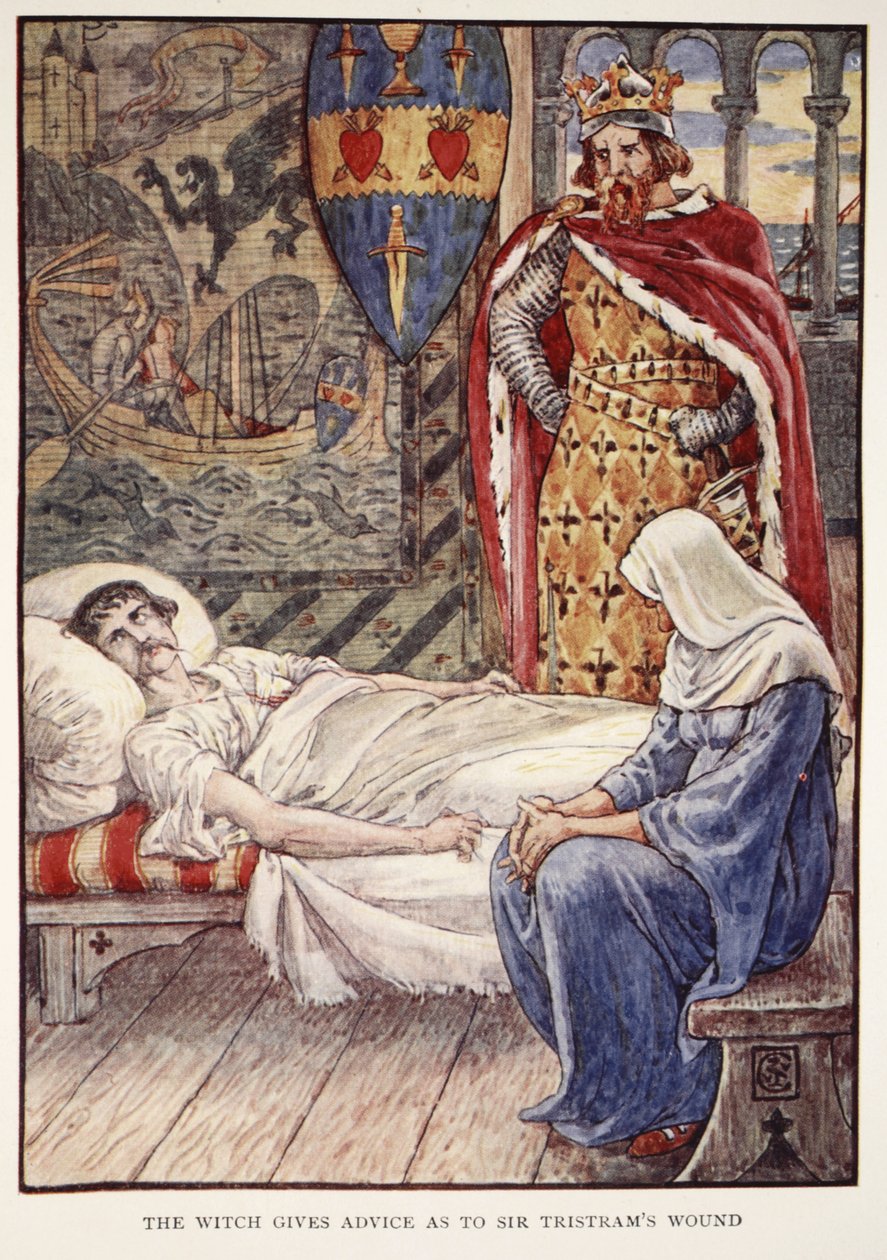 Noita neuvoo Sir Tristramin haavaa Henry Gilbertin teoksesta Stories of the Knights of the Round Table, ensimmäinen painos, 1911 tekijältä Walter Crane