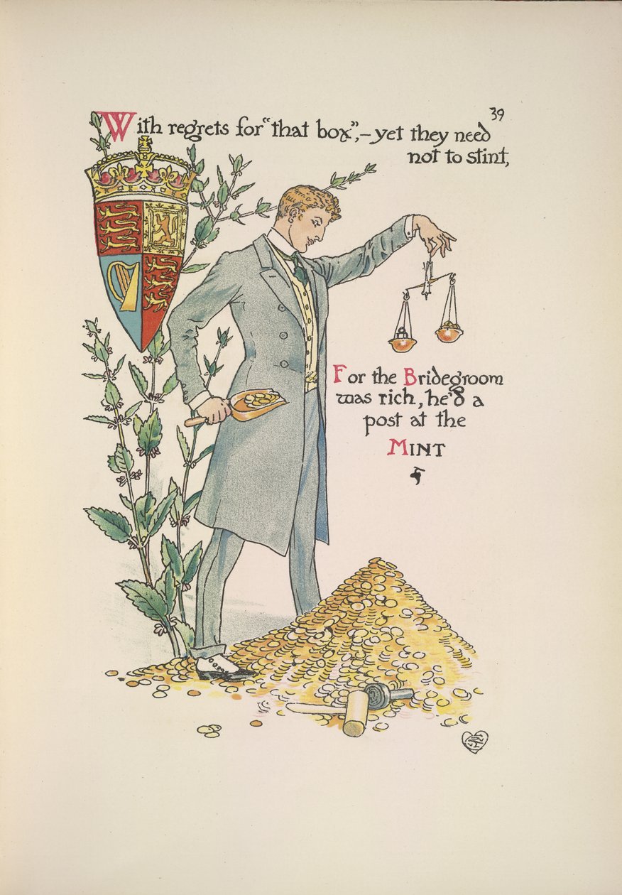 O noivo segurando uma balança medindo sua riquezafinlandês tekijältä Walter Crane
