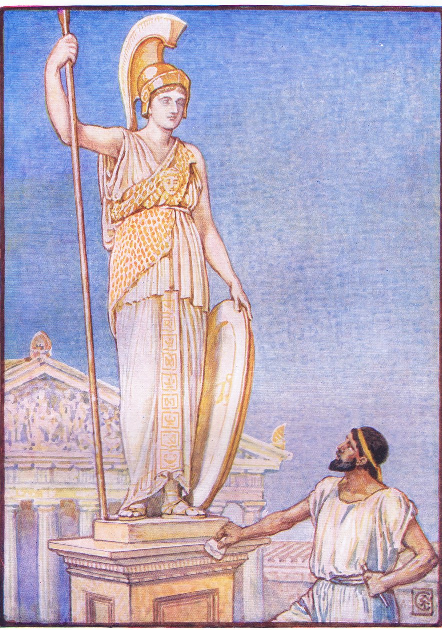Jumalattaren hahmo oli kolossaali, esimerkki Kreikan tarinasta, 1930-luku tekijältä Walter Crane