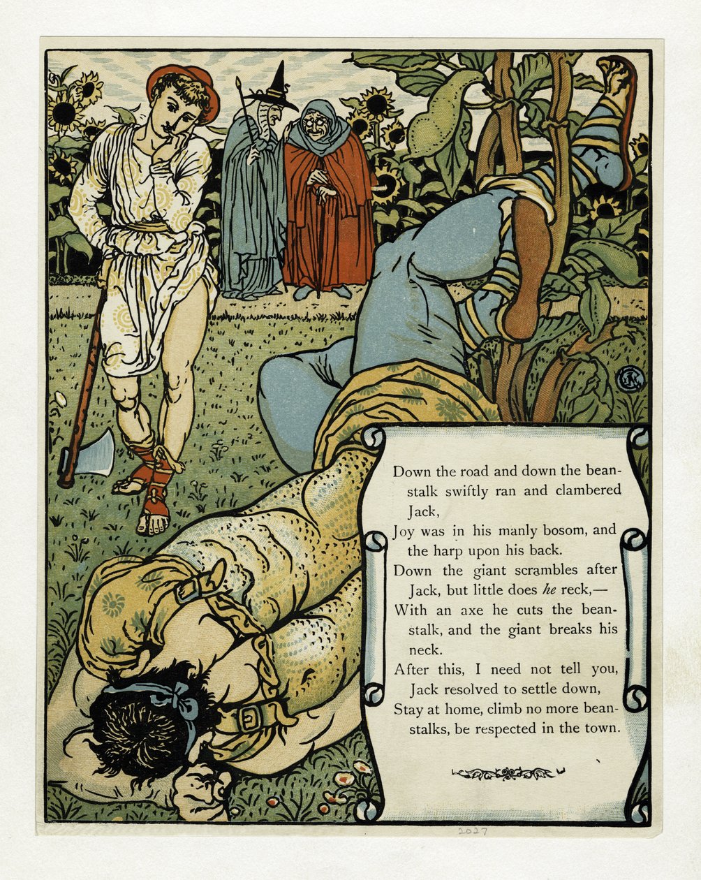 Jättiläinen murtaa niskansa, The Blue Beard Picture Book, pub. 1879 (väri litho) tekijältä Walter Crane