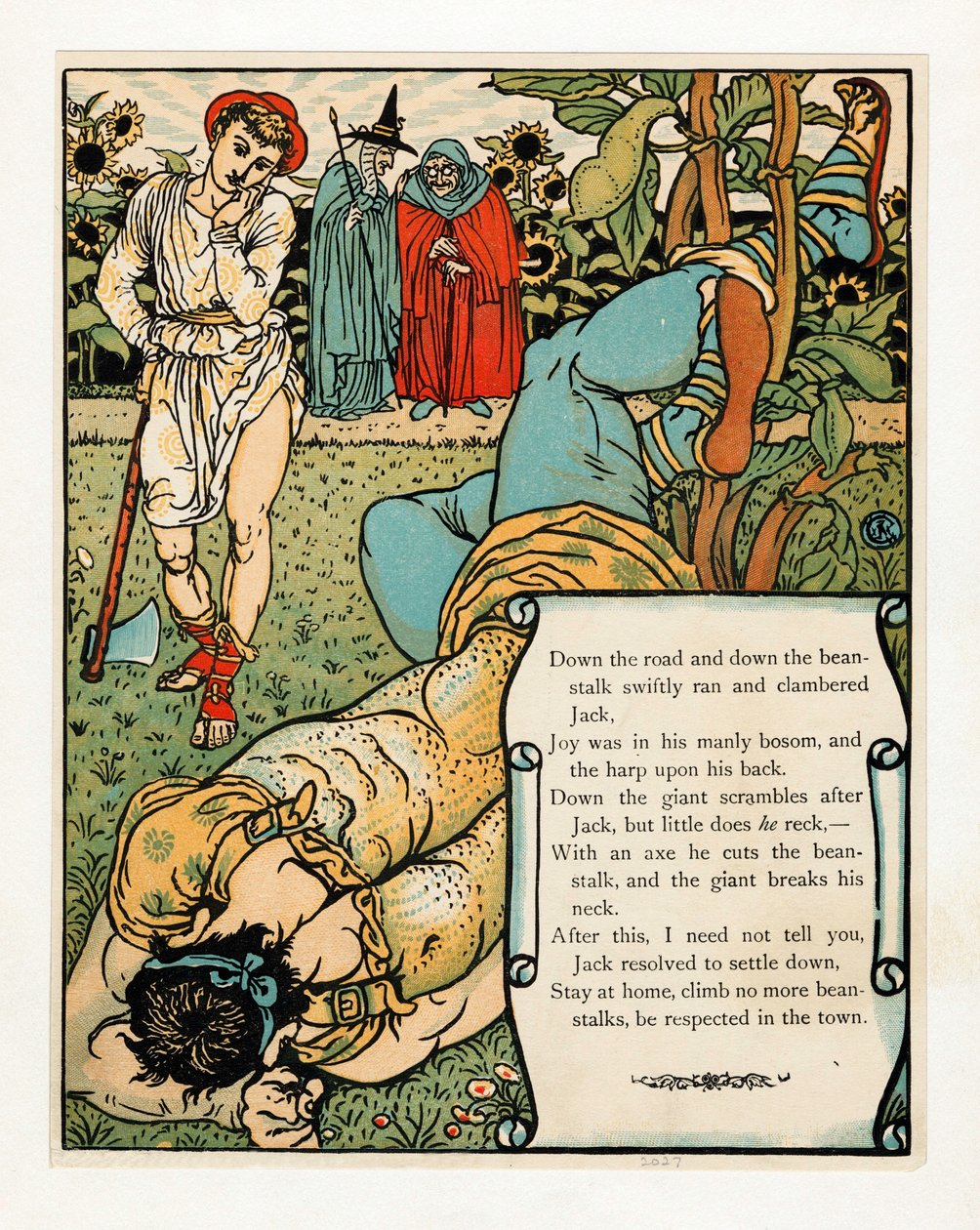 Jättiläinen murtaa niskansa, The Blue Beard Picture Book, pub. 1879 värilitografia, 1879. tekijältä Walter Crane