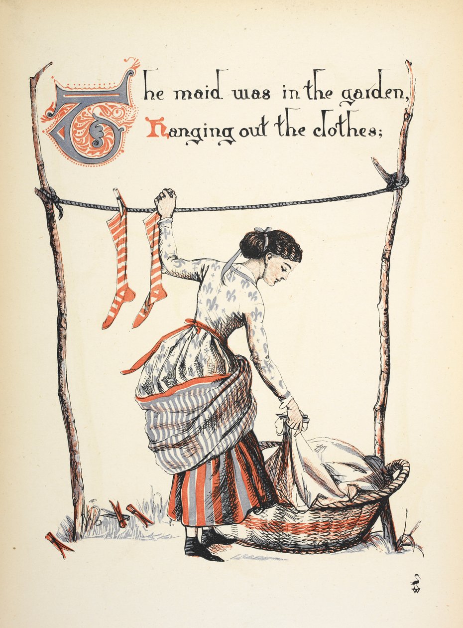 Piika oli puutarhassa ripustamassa vaatteita. tekijältä Walter Crane