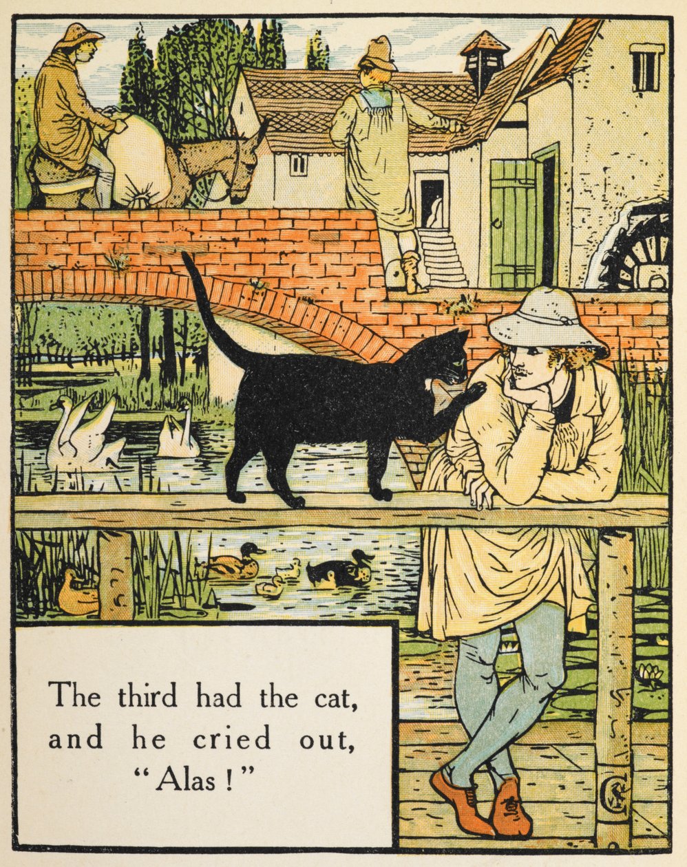 Kolmannella oli kissa, ja hän huusi: "Voi!". Millerin poika ja hänen kissansa. tekijältä Walter Crane
