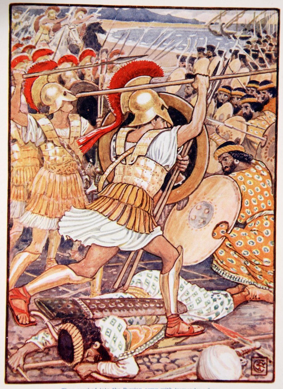 He törmäsivät Persian armeijaan valtavalla voimalla, kuvitus Mary Macgregorin kirjasta "The Story of Greece", 1. painos, 1913 (väripainatus) tekijältä Walter Crane