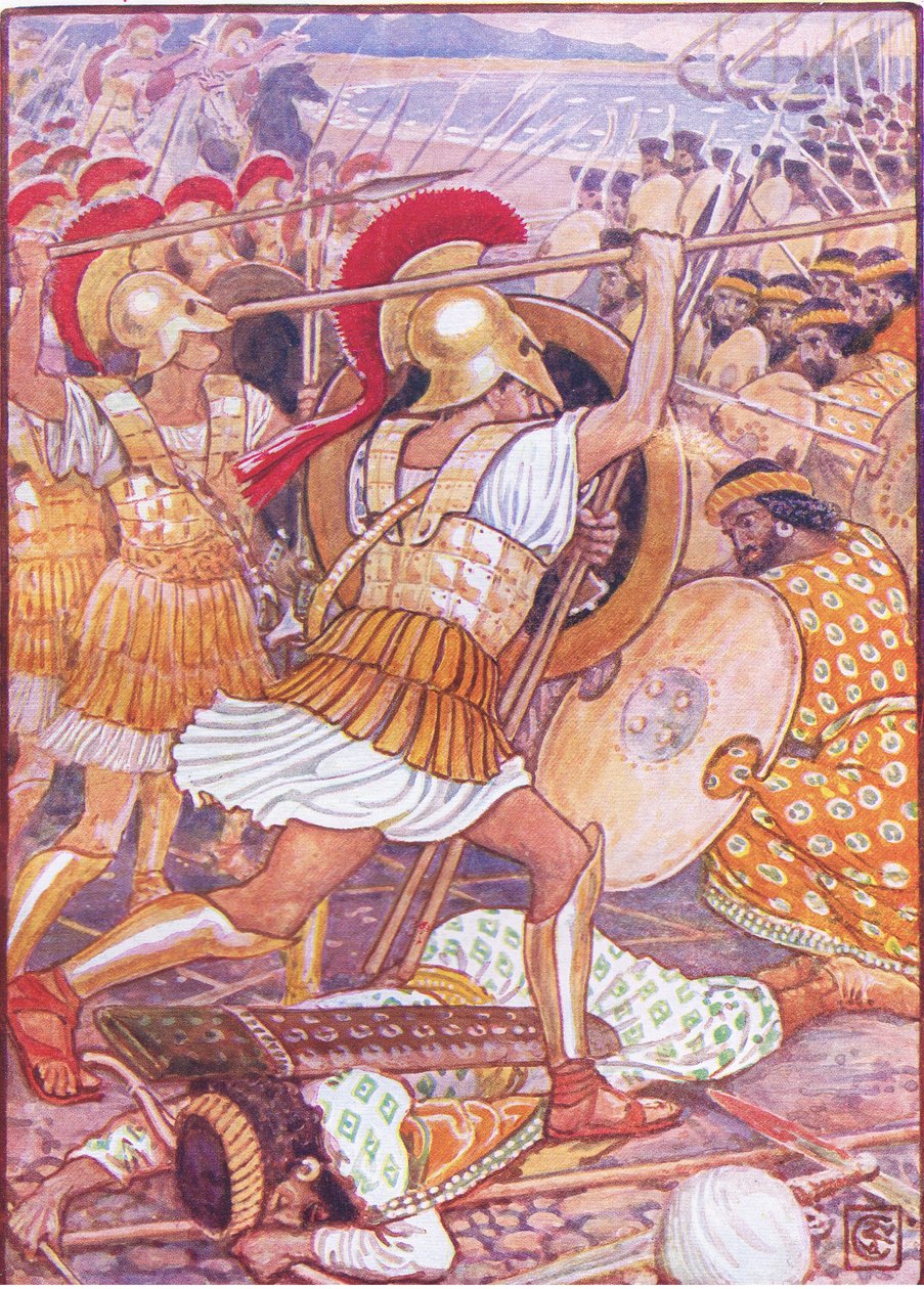 He törmäsivät Persian armeijaan valtavilla voimilla, esimerkki Kreikan tarinasta, 1930-luku tekijältä Walter Crane