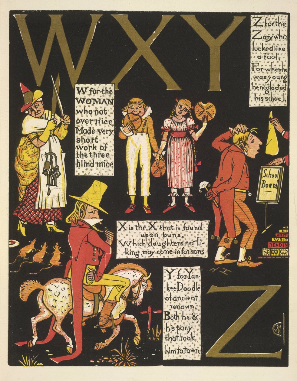 WXYZ- W naiselle, joka ei ollut liian mukava; X on X, joka löytyy sämpylistä; Y jenkki-doodlelle; ja Z hullulle, joka näytti typerältä tekijältä Walter Crane