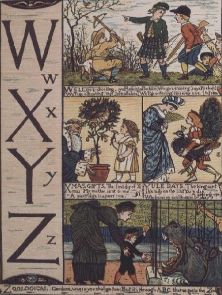 W:stä Z:hen vanhoihin lastenloruihin perustuvasta aakkosesta. tekijältä Walter Crane