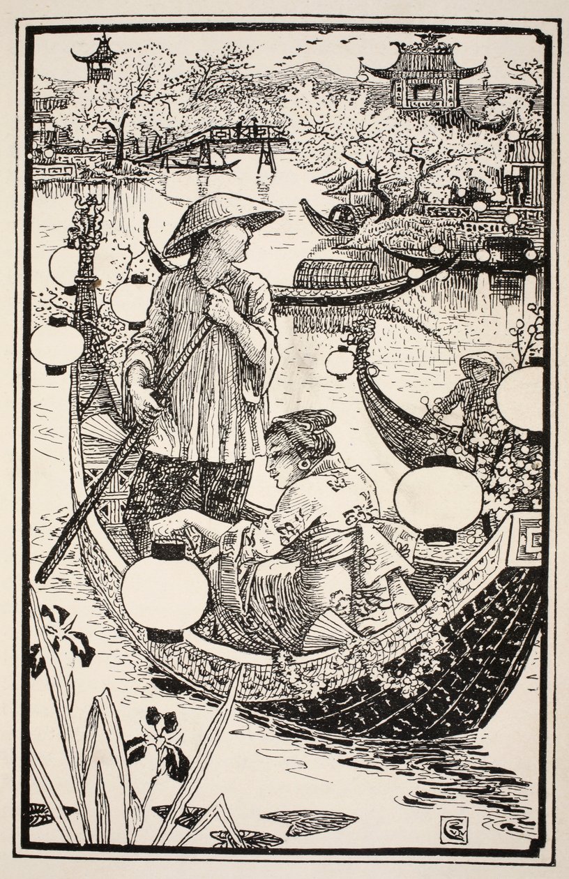 Illan tullessa he nousivat jälleen veneeseensä, vääntelevät sen kukilla keulasta perään, kuvitus rouva Burton Harrisonin kansanperinteistä ja saduista, 1885. tekijältä Walter Crane