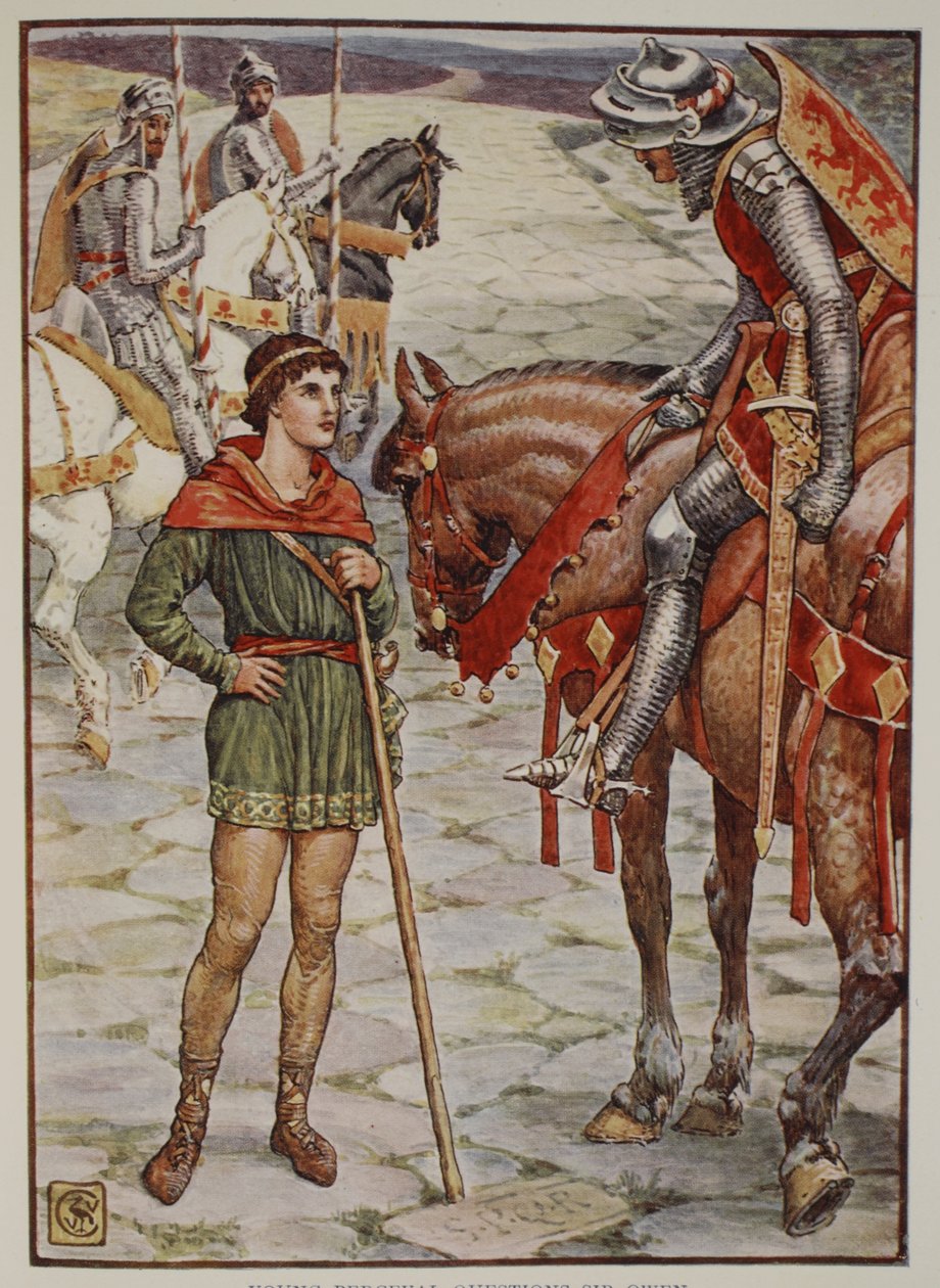 Nuoret Percival Questions Sir Owen, Henry Gilbertin julkaisusta Stories of the Knights of the Round Table, ensimmäinen painos, 1911 tekijältä Walter Crane