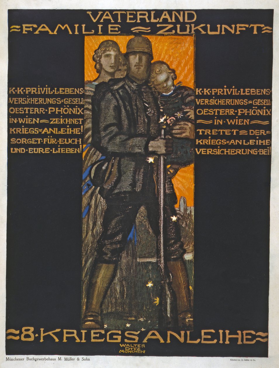 Isänmaa, perhe, tulevaisuus ? pub. 1918 (värilitografia). tekijältä Walter Ditz