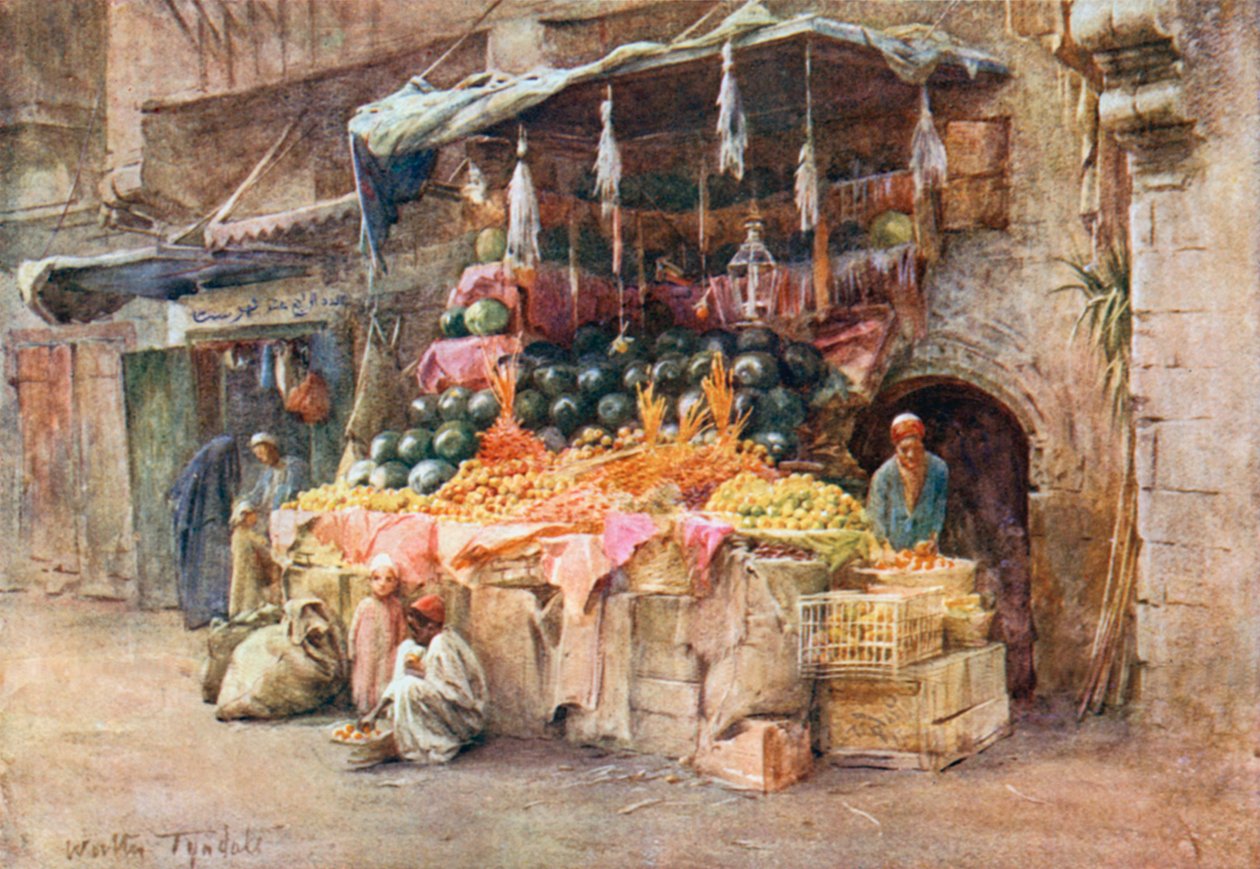 Hedelmäkioski (värilitografia) tekijältä Walter Frederick Roofe Tyndale