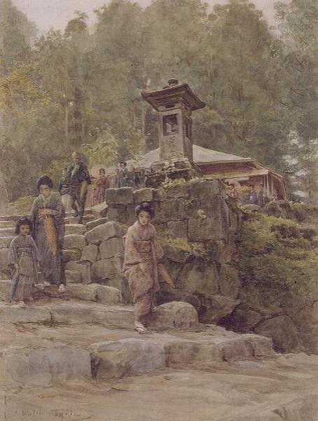 "Lähestyminen maan pyhäkköyn", kuva "Japani ja japanilaiset", pubi. kirjoittanut Methuen tekijältä Walter Frederick Roofe Tyndale