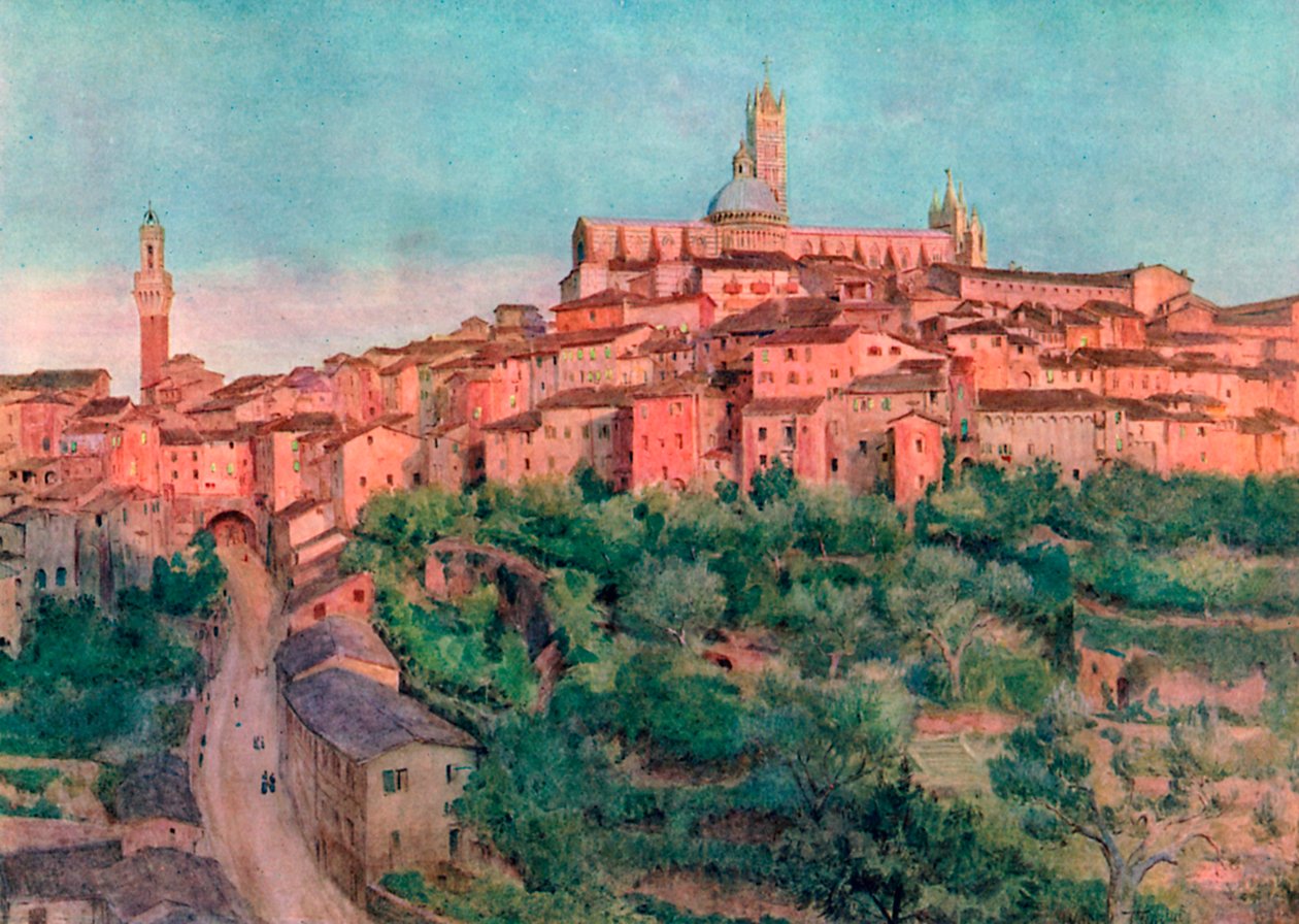 Siena: Siena: Kaupunki kukkulalla (värilitografia). tekijältä Walter Frederick Roofe Tyndale
