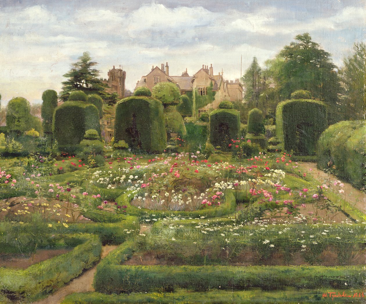 The Topiary Gardens, Levens Hall, Cumbria, 1886 (öljy kankaalle asetettu alukselle) tekijältä Walter Frederick Roofe Tyndale