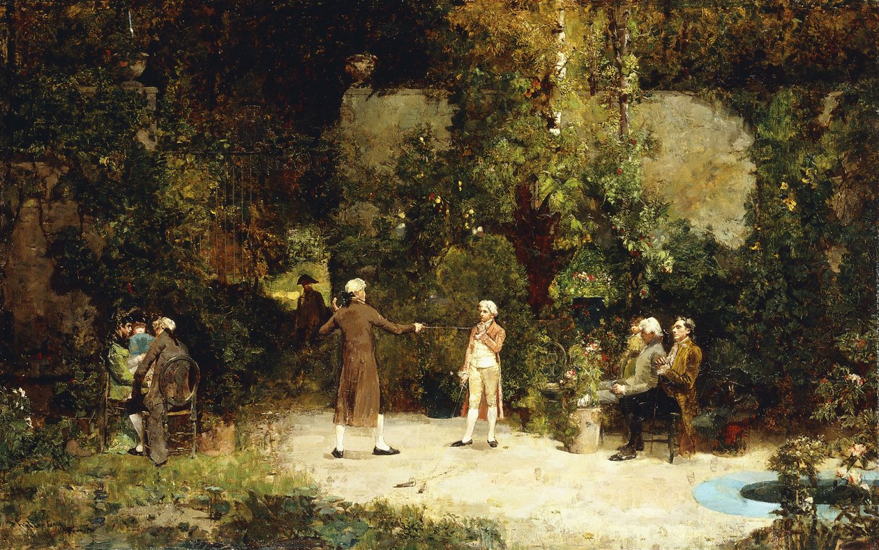 The Fencing Lesson, n.1879 (öljy kankaalle) tekijältä Walter Gay