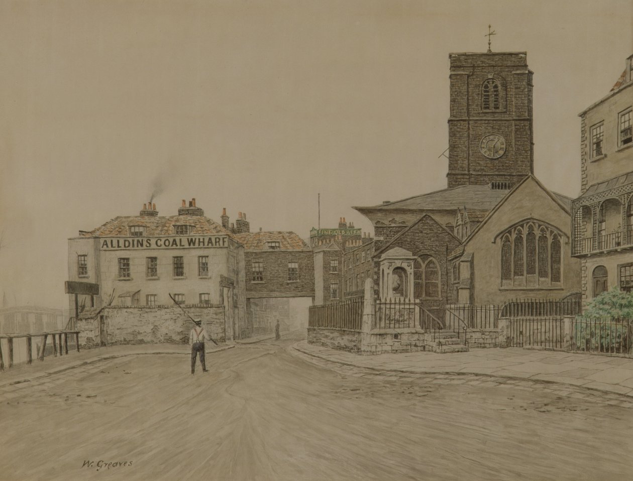 Alldins Coal Wharf ja Chelsea Old Church, Lontoo (lyijykynä ja wash paperille) tekijältä Walter Greaves