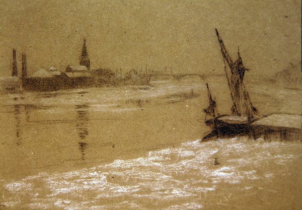 Thames talvella (mustavalkoisia liituja paperilla) tekijältä Walter Greaves