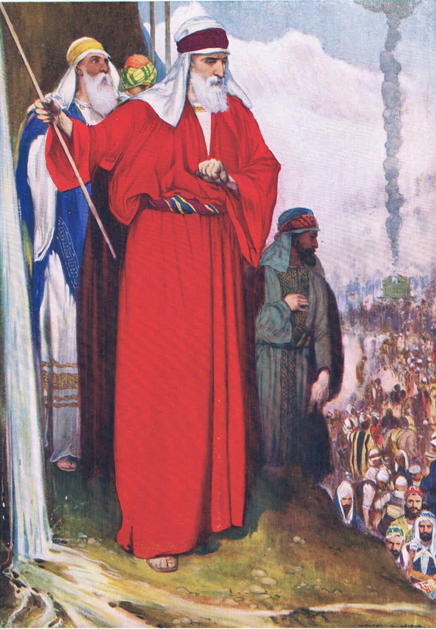 Meribahin kallion lyöminen, Thomas Nelsonin julkaisemasta Raamatun kuvakirjasta (The Bible Picture Book), n. 1950. tekijältä Walter Grieve