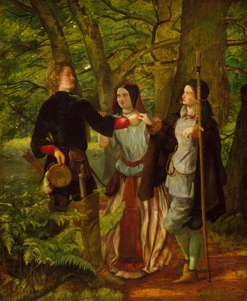 Kuten pidät - IV näytös I kohtaus - Rosalind ohjaamassa Orlandoa vihkimisseremoniassa tai Orlandon ja Rosalindin valeavioliitto, 1850 tekijältä Walter Howell Deverell