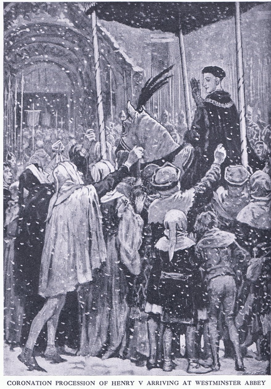 Henrik V:n kruunajaiskulkue saapumassa Westminster Abbeyyn 1413, Waverley Book Company Limitedin julkaisemasta Cassells History of the British People -teoksesta, n. 1940. tekijältä Walter Paget