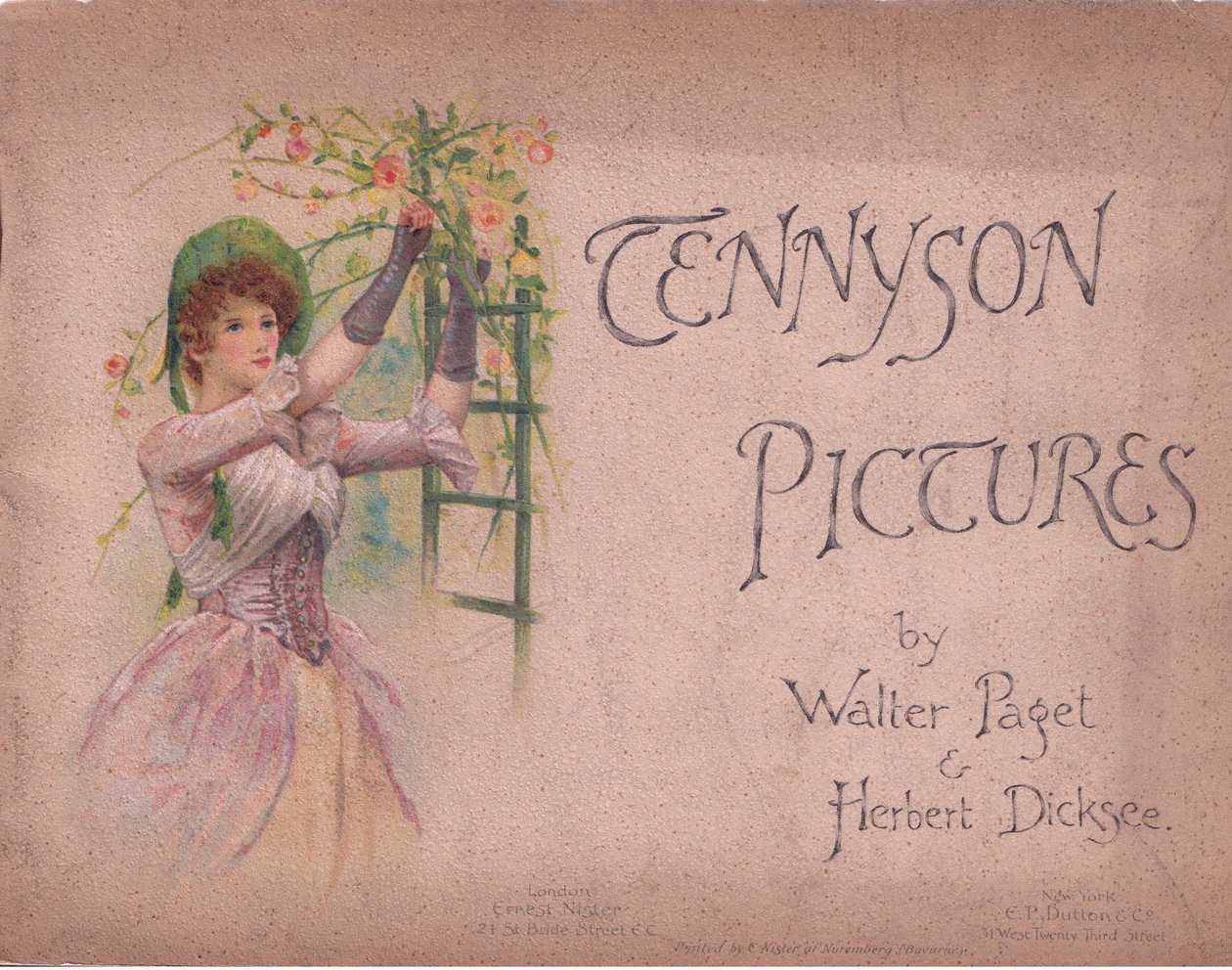Etukannen suunnittelu (The May Queen), kuvitus Tennyson Picturesilta, julkaisija E P Dutton & Co, n. 1900 (värilitho) tekijältä Walter Paget
