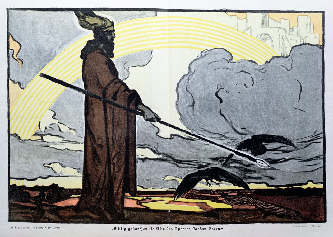 Odin kahden variksensa, Huginin (ajatus) ja Muninin (muisti) kanssa. tekijältä Walter Puttner