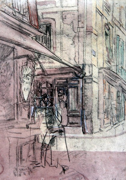 Kauppa Dieppessä, n. 1907 (muste, värillinen pastelli ja akvarelli paperille) tekijältä Walter Richard Sickert