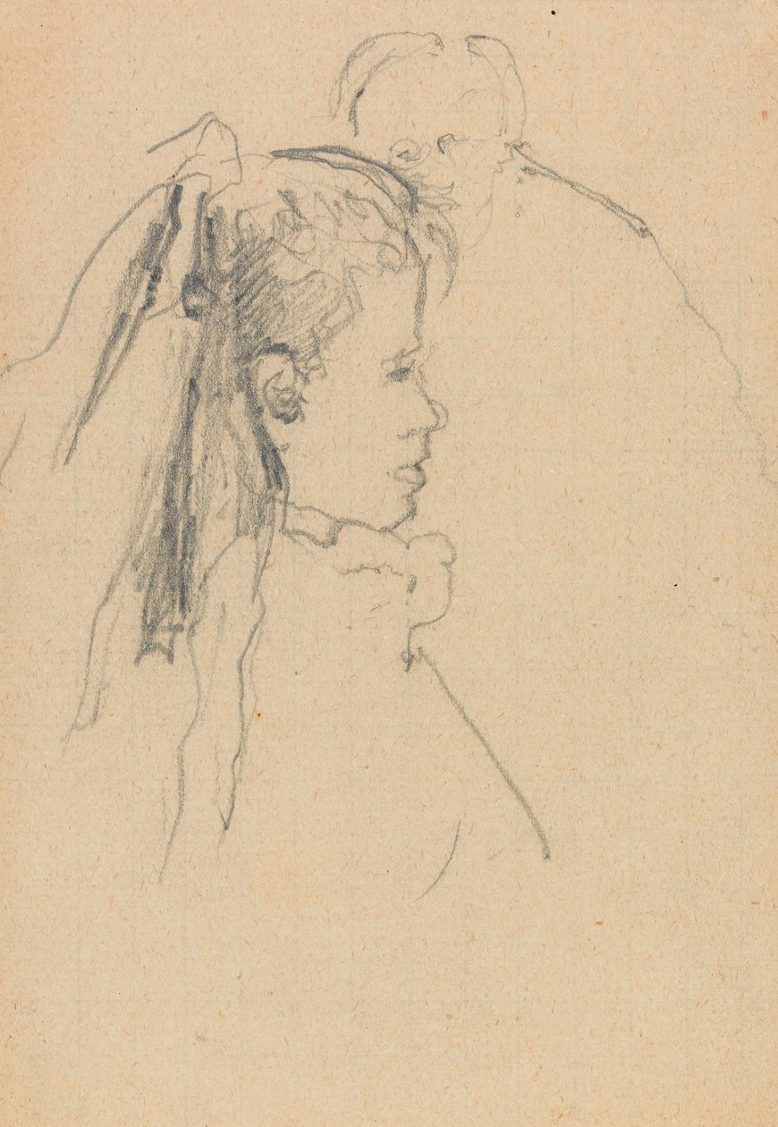 Tytön pää ja rintakuva profiilissa oikealle, miehen pää kokonaan edessä, takana (grafiitti paperille). tekijältä Walter Richard Sickert