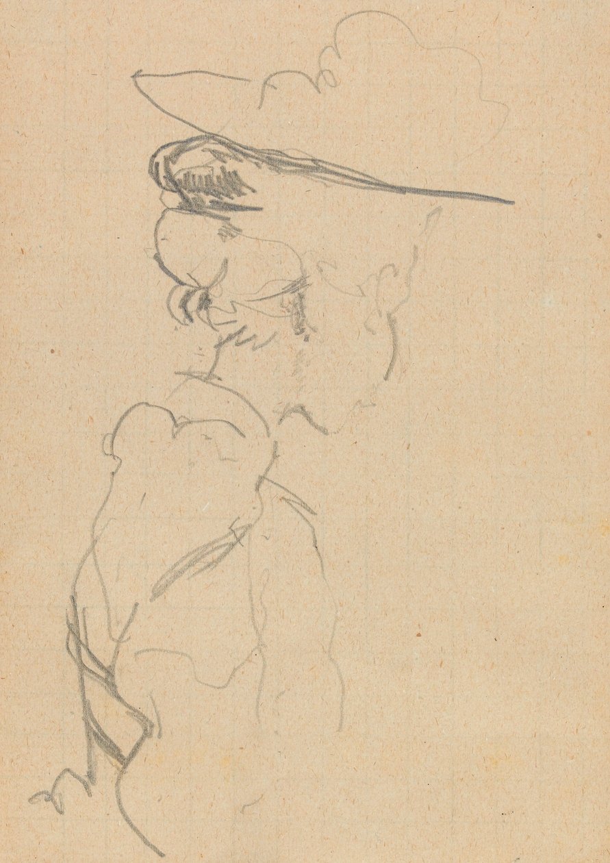 Hattupäisen naisen pää ja hartiat, kadonnut profiili, oikealle (grafiitti paperille) tekijältä Walter Richard Sickert