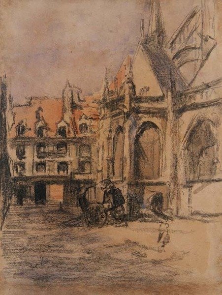 Rue Sainte Catherine ja vanhat pelihallit, Dieppe, n. 1900 (hiili ja akvarelli) tekijältä Walter Richard Sickert