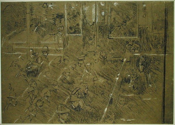 Tutkimus yleisölle "The Old Middlesex" -sarjalle n. 1906-1907 (ruskea ja valkoinen värikynä, kynä ja musta muste ruskealla paperilla) tekijältä Walter Richard Sickert