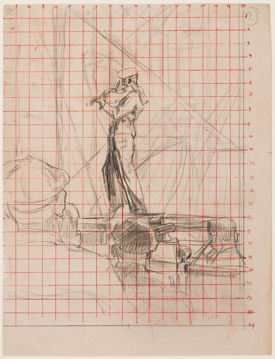 Viulisti, 192223 (lyijykynä paperille neliöity siirtoa varten punaisella musteella) tekijältä Walter Richard Sickert