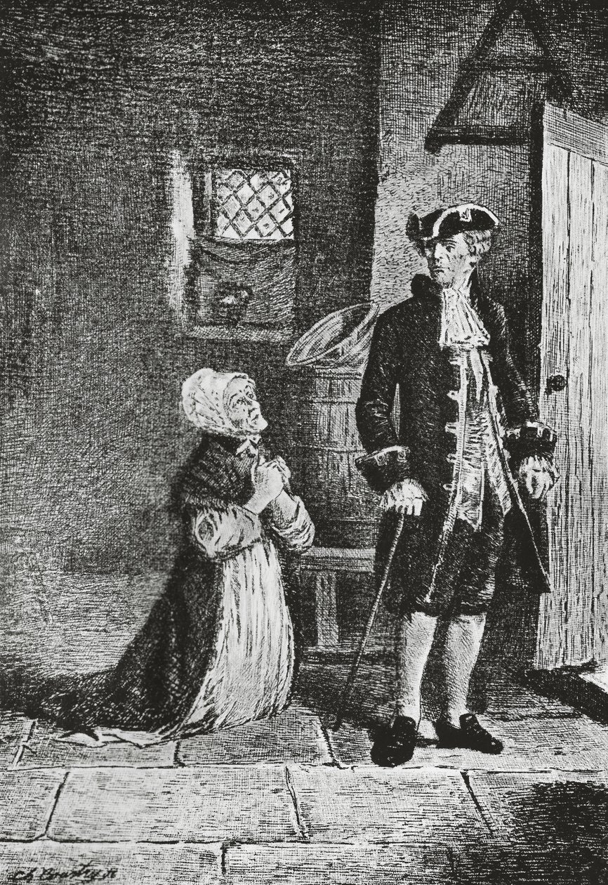 Elspeth ja Lord Glenallan, kuvitus antikvariaatille, Walter Scottin (1771-1832) historiallinen romaani, kaiverrus tekijältä Walter Scott