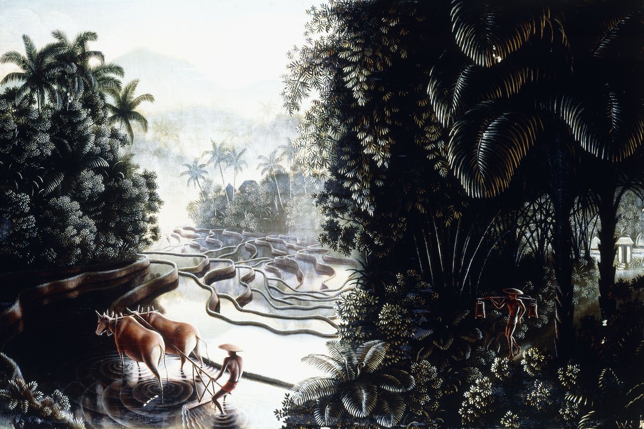 Näkymä Sawahien yli Gunung Agungiin, c. 1937-1939 (öljy aluksella) tekijältä Walter Spies