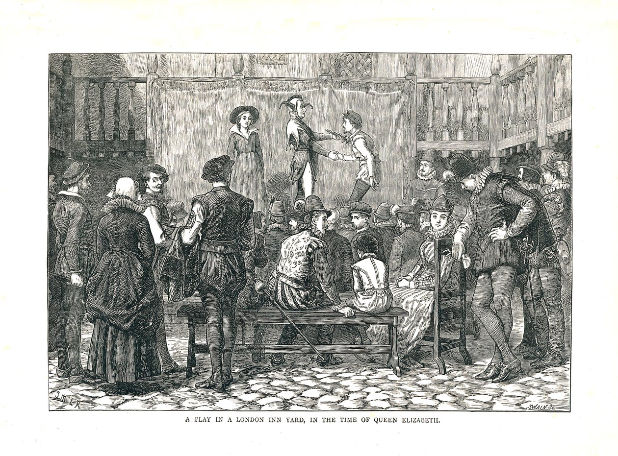 Näytelmä Elizabethan London Inn Yardissa, 1878 tekijältä Walter Thornbury