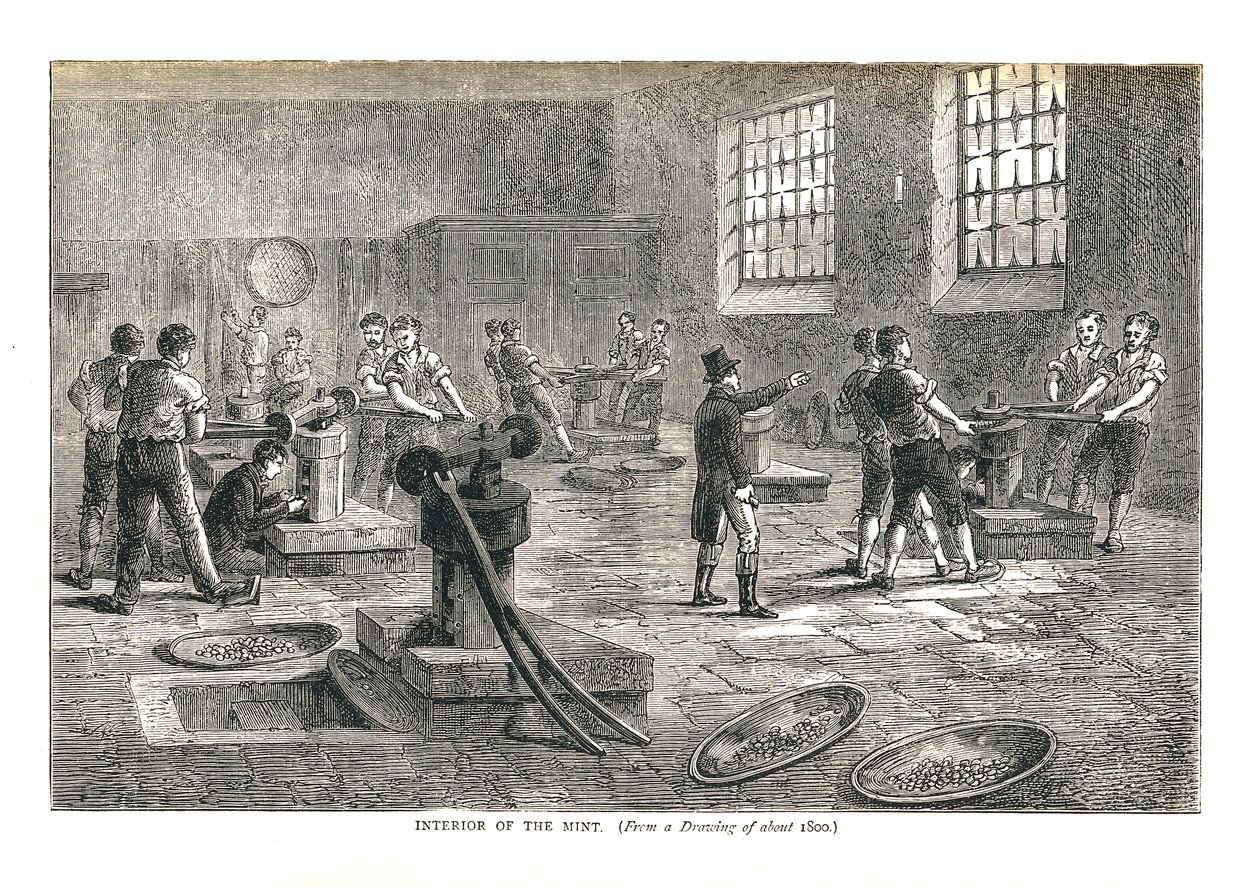 Rahapajan sisustus piirroksesta noin vuodelta 1800, 1878 tekijältä Walter Thornbury