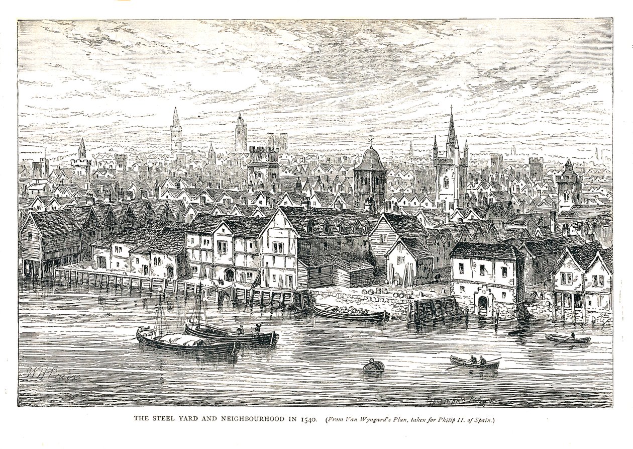 Steel Yard Iron Wharf ja Neighborhood vuonna 1540. Joen rannalla, 1878 tekijältä Walter Thornbury