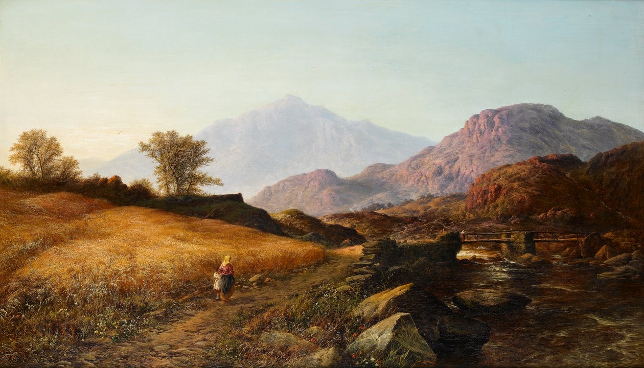 Sadonkorjuuaika Lleder-joen varrella, Pohjois-Walesissa, 1874 tekijältä Walter Williams
