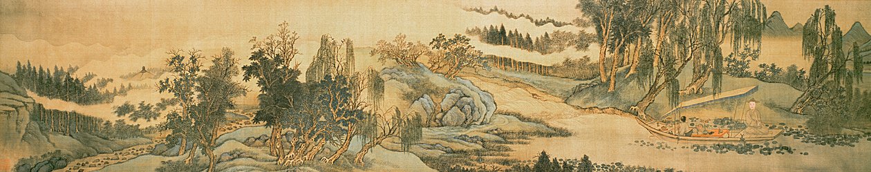 Käsirulla, joka kuvaa maisemaa kolofonin runolla Kalastus Willow Brookissa, kiina, 1706 (katso myös 142752) tekijältä Wang Hui