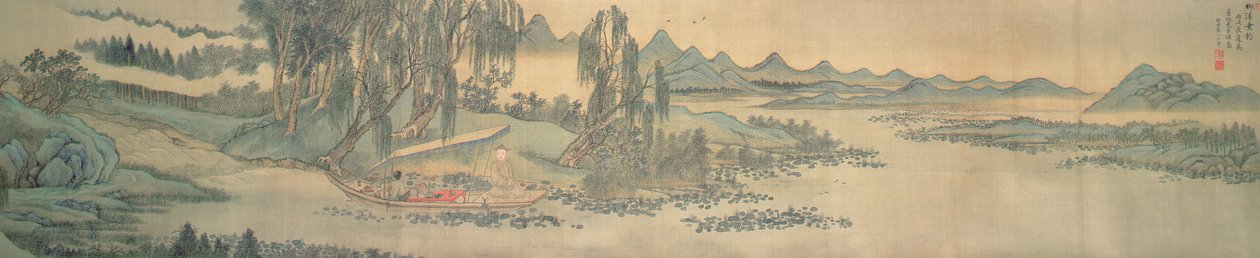 Käsirulla, joka kuvaa maisemaa kolofonin runolla Kalastus Willow Brookissa, kiina, 1706 (katso myös 142751) tekijältä Wang Hui