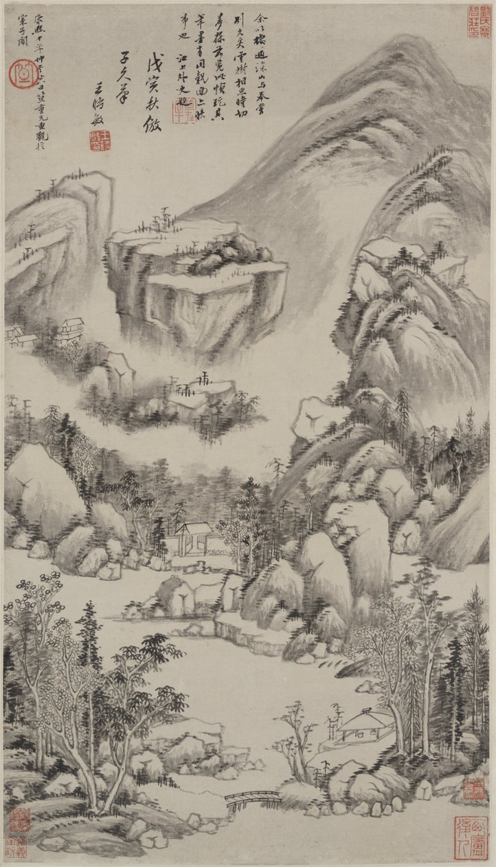 Huang Gongwangin tyylinen maisema, riippuva kirjakäärö, 1638 tekijältä Wang Shimin