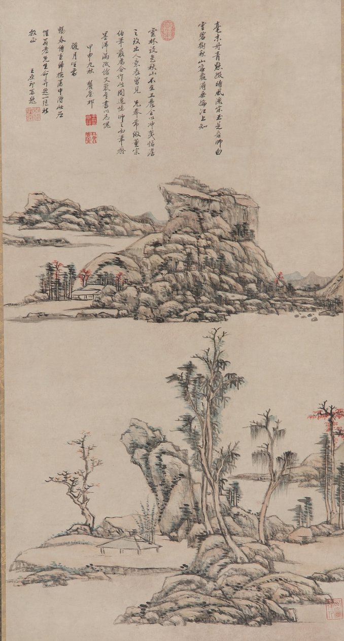 Syksyiset vuoret Ni Zanin tyyliin, Qing-dynastia, 1704 (muste ja väri paperille) tekijältä Wang Yuanqi