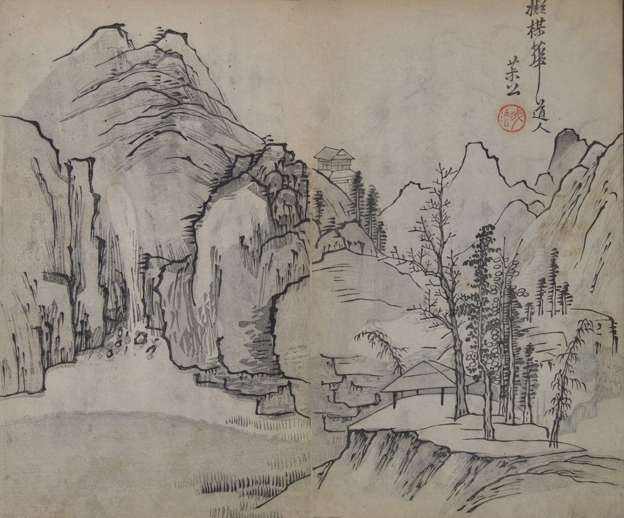 Maisema Wu Zhenin 1280-1354 jälkeen, sinapinsiemenpuutarhan käsikirjasta..., ensimmäinen painos, 1679. tekijältä Wang Gai