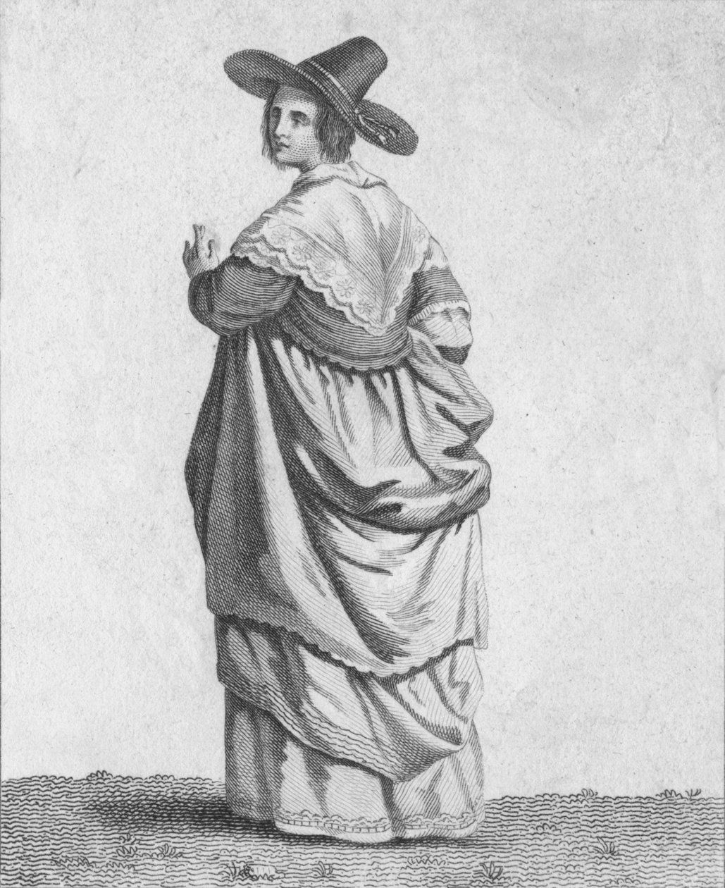 "Kauppiasvaimo - Eminenttien kansalaisten mekko vuonna 1640", 1807 tekijältä Warren