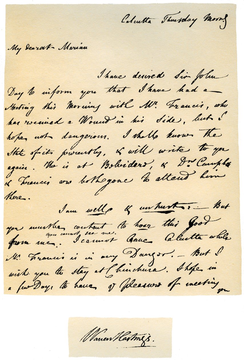 Bengalin kenraalikuvernöörin Warren Hastingsin kirje vaimolleen, 17. elokuuta 1780. tekijältä Warren Hastings