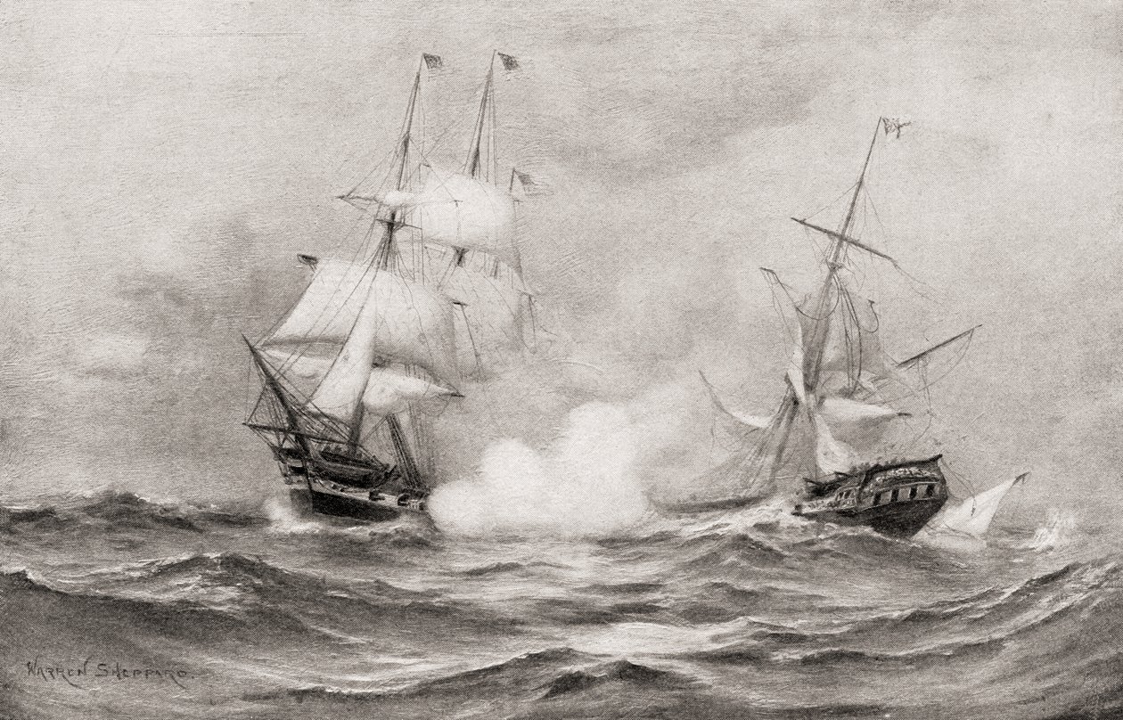 Taistelu USS Constitutionin ja HMS Guerrieren välillä vuoden 1812 sodan aikana, noin 400 mailia kaakkoon Halifaxista Nova Scotiassa, The History of Our Country, julkaistu 1905 tekijältä Warren Sheppard